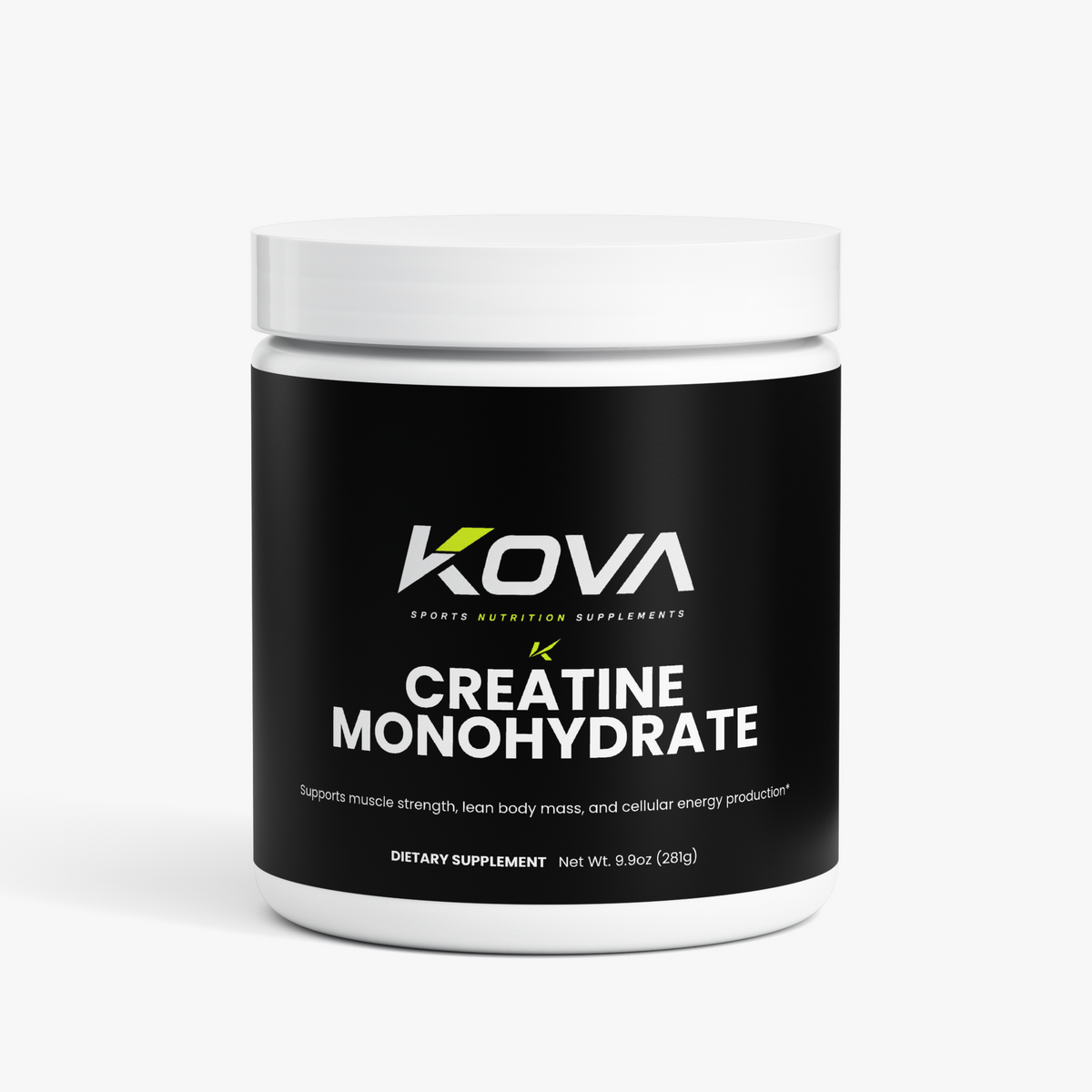 Kova Creatine Monohydrate muscle builder supplement container with label, designed for muscle growth and athletic performance.