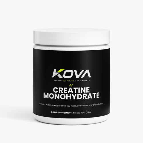 Kova Creatine Monohydrate muscle builder supplement container with label, designed for muscle growth and athletic performance.