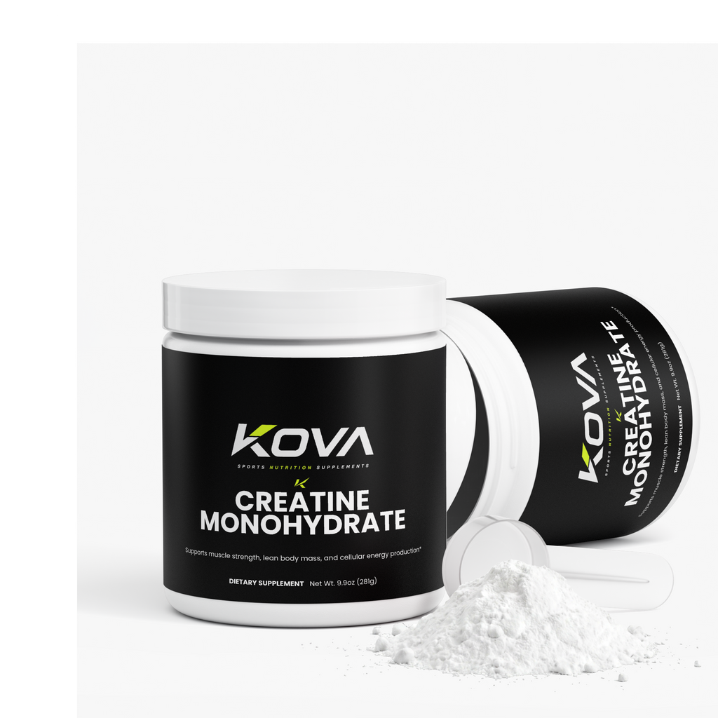 Kova Creatine Monohydrate powder container with label showing muscle builder supplement for athletic performance.