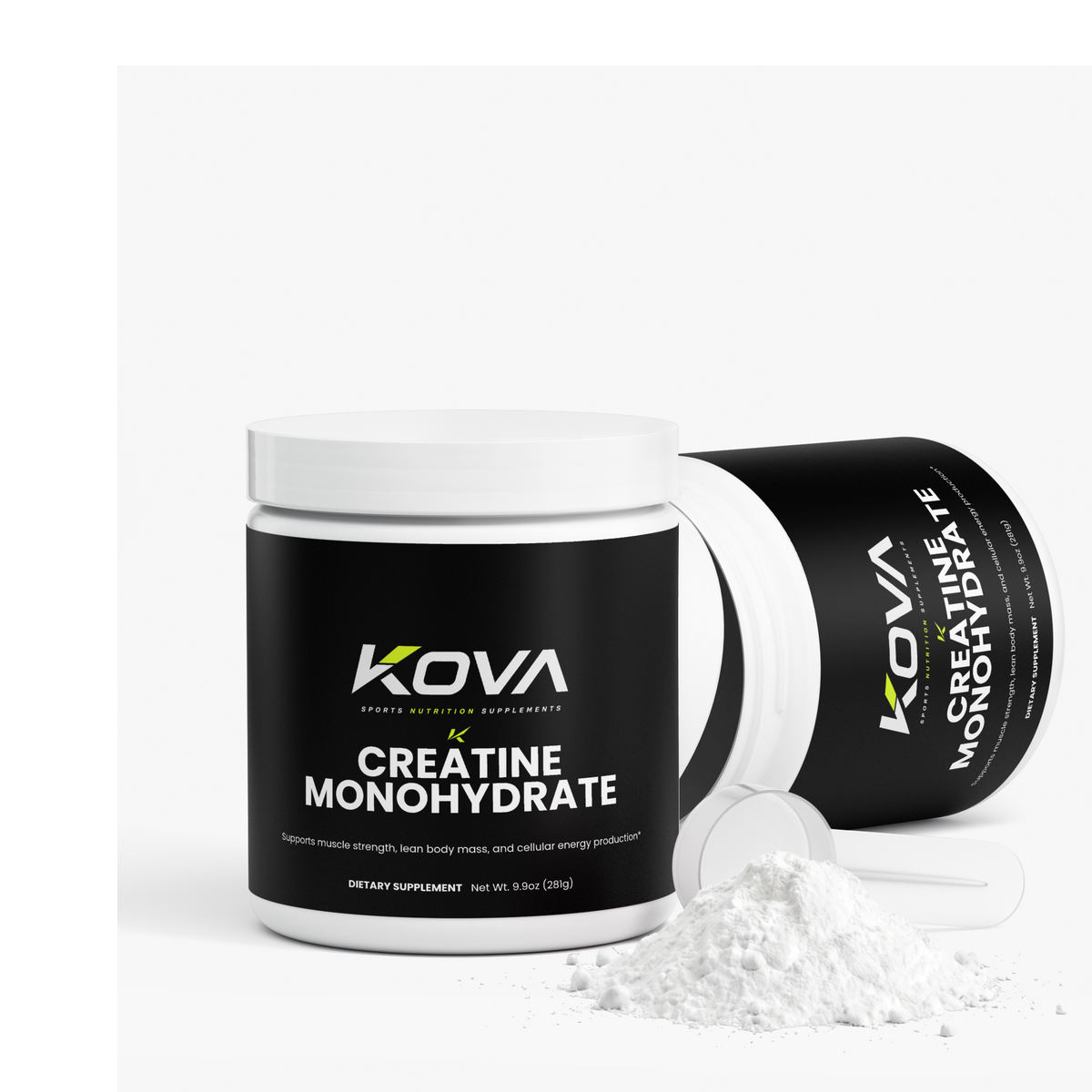 Kova Creatine Monohydrate powder container with label showing muscle builder supplement for athletic performance.