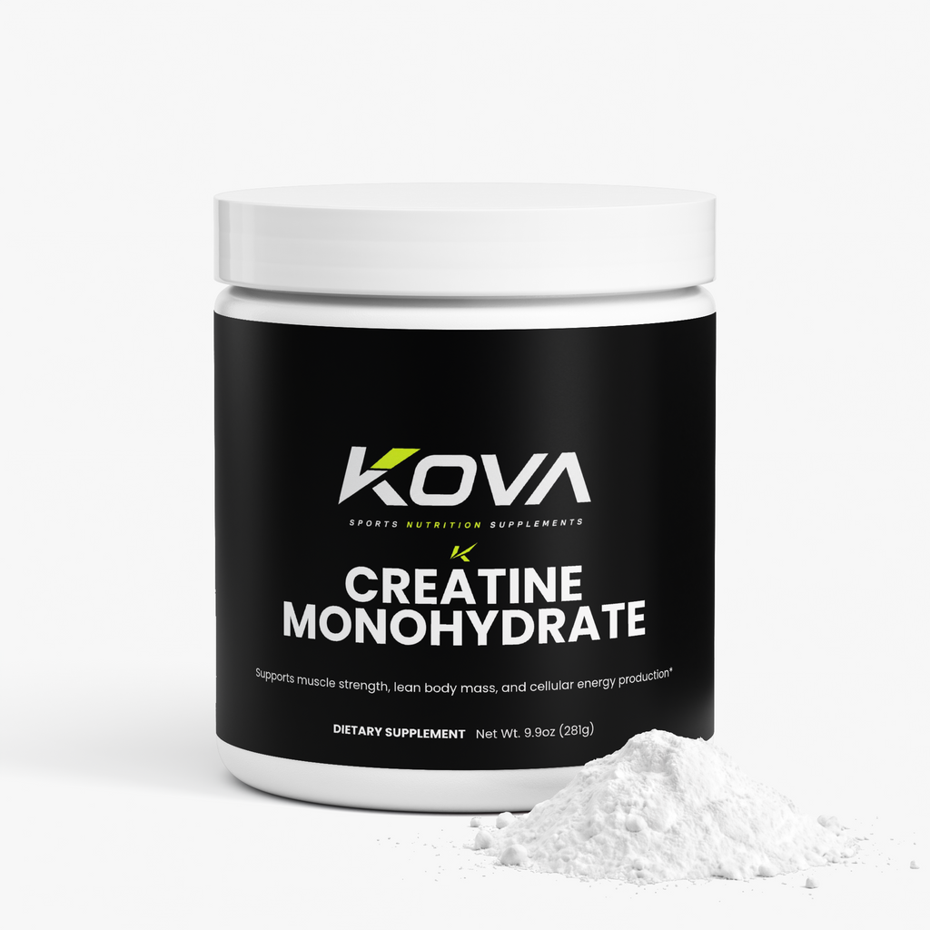 Kova Creatine Monohydrate muscle builder powder in a clear container with label showing product details and branding.