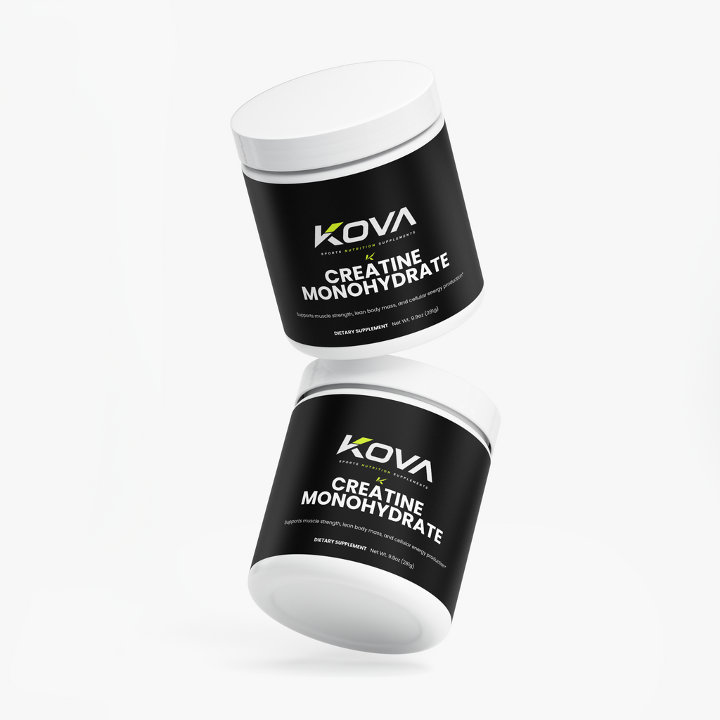 Kova Creatine Monohydrate muscle builder supplement in a clear plastic container with label showing product details.
