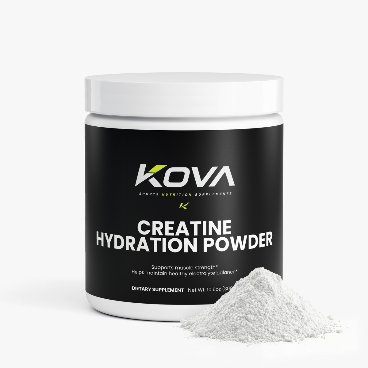 Kova Creatine Hydration Powder for muscle building, showing the label with product details and branding on the container.
