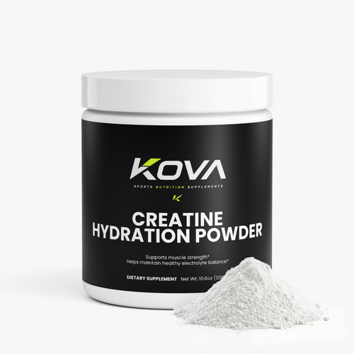 Kova Creatine Hydration Powder for muscle building, showing the label with product details and branding on the container.
