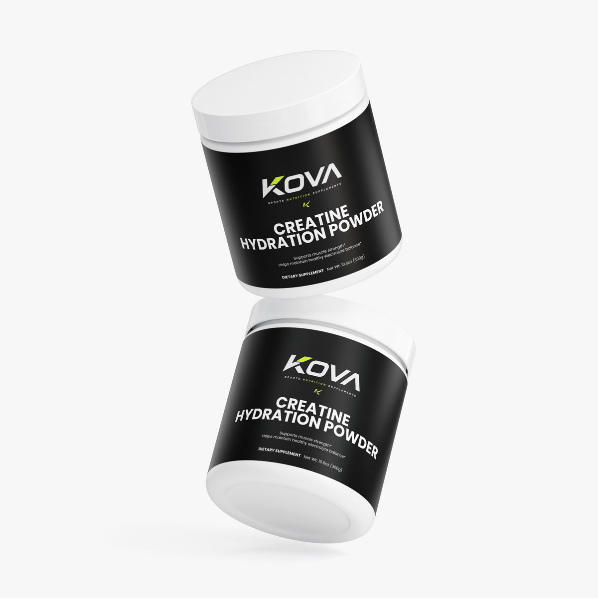 Kova Creatine Hydration Powder for muscle building, showing the label with white powder and hydration benefits on the packaging.