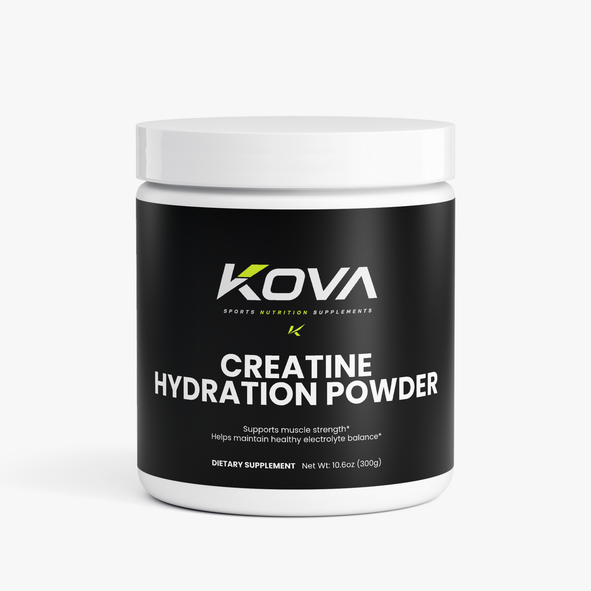 Kova Creatine Hydration Powder for muscle building, featuring a label with supplement details and vibrant branding on the package.