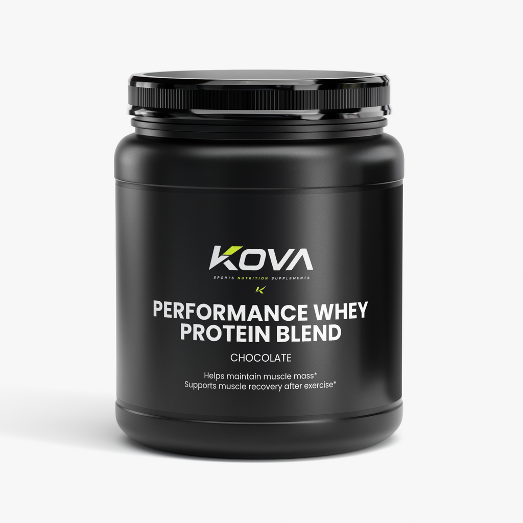 Kova Performance Whey Protein Blend in chocolate flavor, showing the product label with branding and nutritional information.