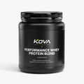 Kova Performance Whey Protein Blend in chocolate flavor, showing the product label with branding and nutritional information.