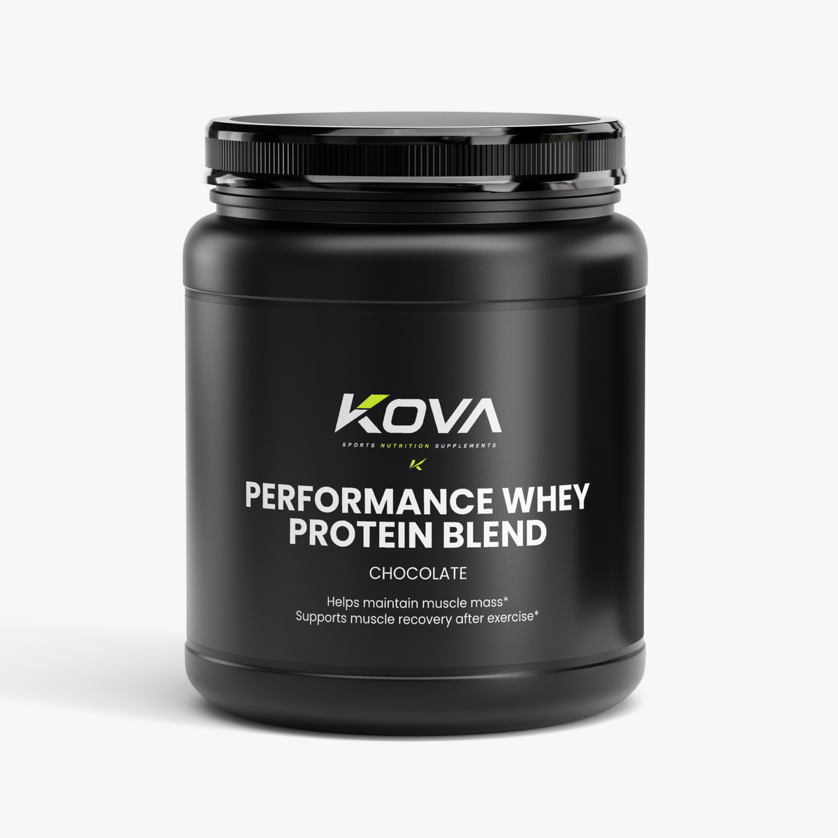 Kova Performance Whey Protein Blend in chocolate flavor, showing the product label with branding and nutritional information.