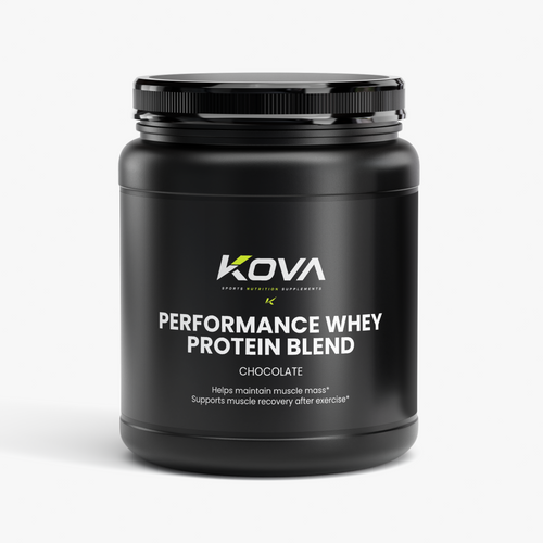 Kova Performance Whey Protein Blend in chocolate flavor, showing the product label with branding and nutritional information.