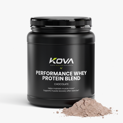 Kova Performance Whey Protein Blend in chocolate flavor, showing the product packaging with label and branding.