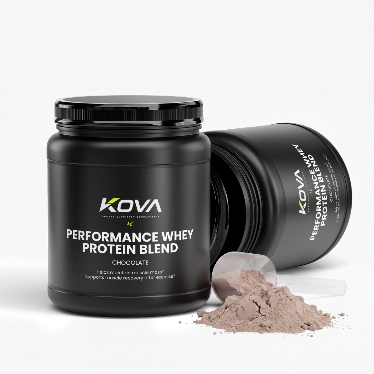 Kova Performance Whey Protein Blend in chocolate flavor, showing the product container with label and nutritional information.