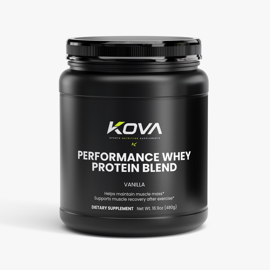 Kova Performance Whey Protein Blend in vanilla flavor, showing the product container with label and nutritional information.