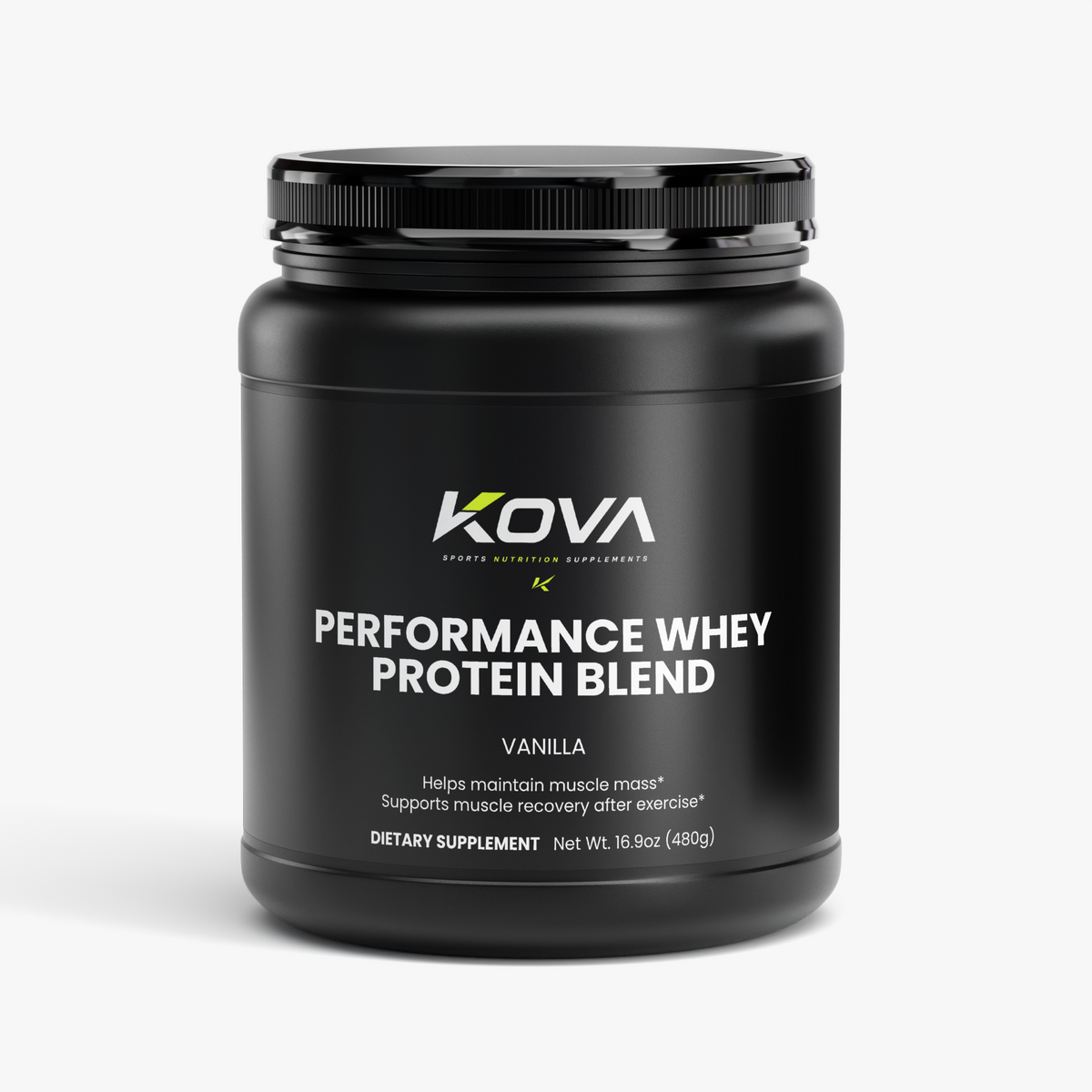 Kova Performance Whey Protein Blend in vanilla flavor, showing the product container with label and nutritional information.