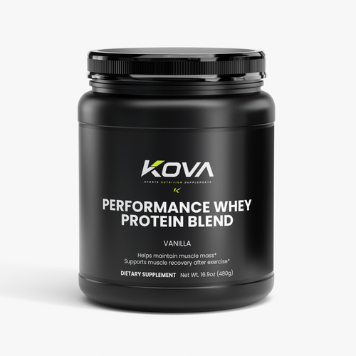 Kova Performance Whey Protein Blend in vanilla flavor, showing the product container with label and nutritional information.