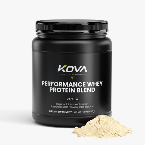 Kova Performance Whey Protein Blend in vanilla flavor, showing the product label with nutritional information and branding.