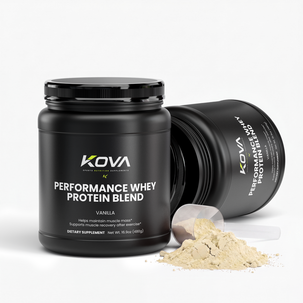Kova Performance Whey Protein Blend in vanilla flavor, showing the product packaging with label details and nutritional info.